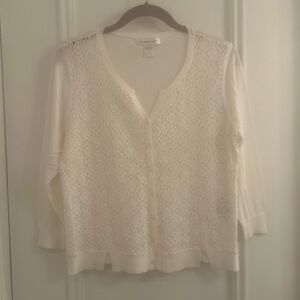 White lace split v front, 3/4 sleeve cardigan. Size M. Never worn.